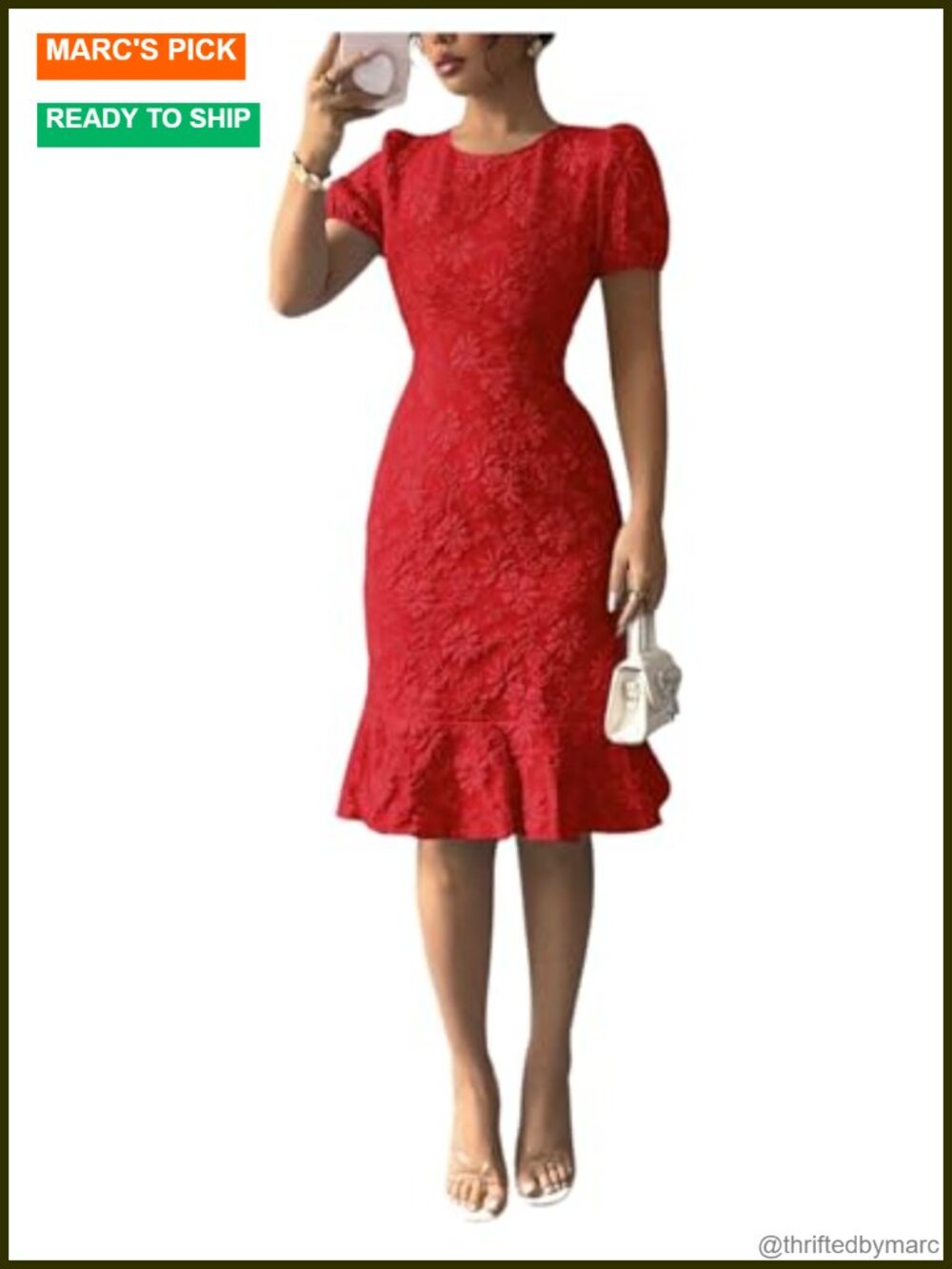 Women's Jacquard Ruffle Puff Sleeve Bodycon Knee-Length Dress